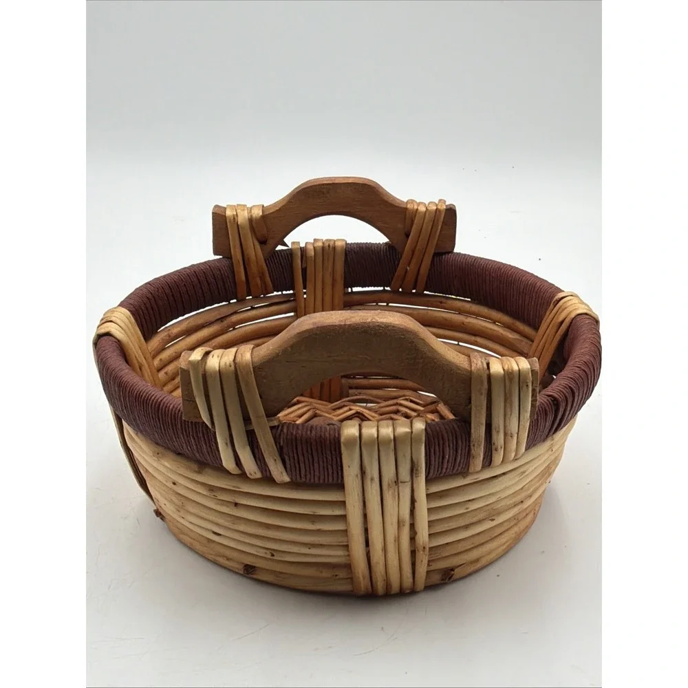 Vintage Gathering Basket Split Reed Jute Log Wood Handles Folk Art Rustic